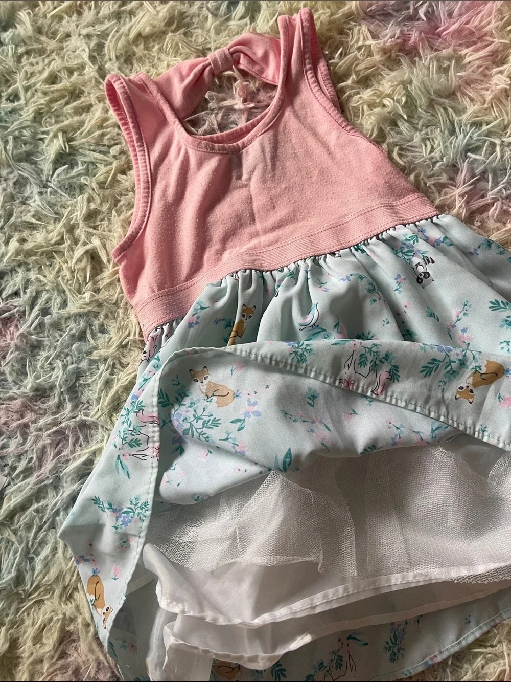 Girls' Pink Bow Floral Casual Dress - Sleeveless with Minty Floral Tank Top 4T